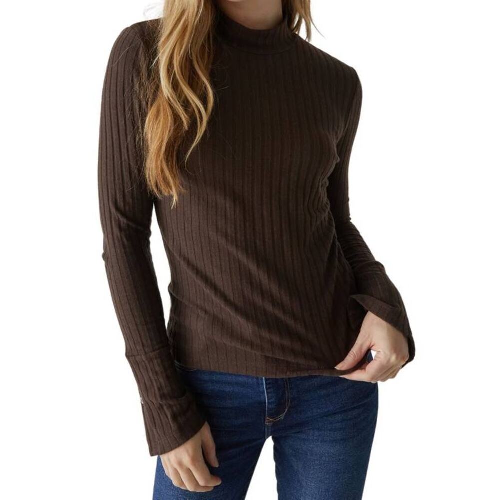 Michael Stars Opal Button Cuff Long Sleeve Ribbed Turtleneck 81002 Java Brown XS